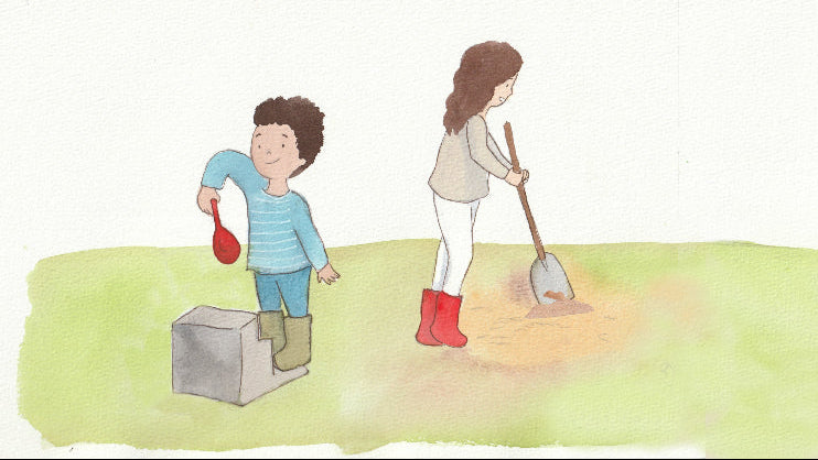 Illustration of a children and a woman tending to chickens on a farm in a diverse children's book

